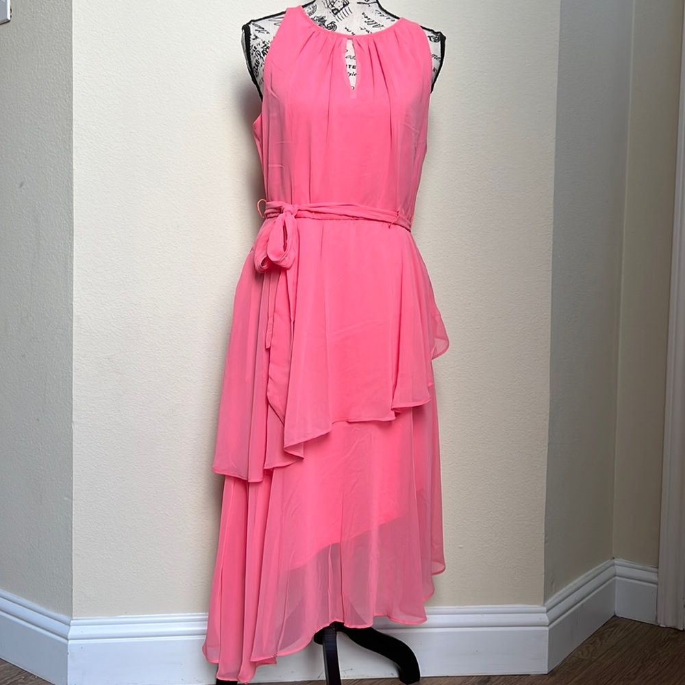 NWT Tahari Coral/Pink Sleeveless Asymmetric Belted Dress Size 6